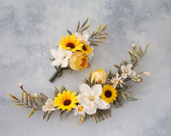 Sunflower flower comb for wedding, sunflower flower hair comb, summer floral headpiece, long bridal flower comb, yellow hair comb