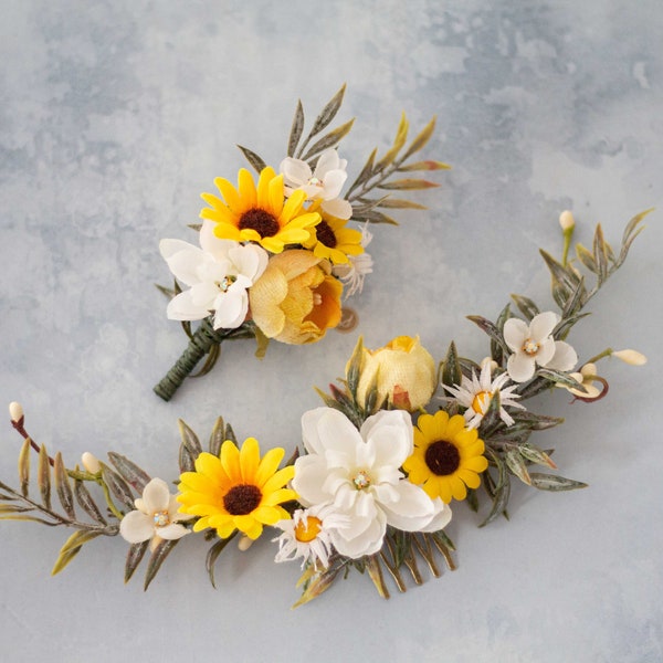 Sunflower flower comb for wedding, sunflower flower hair comb, summer floral headpiece, long bridal flower comb, yellow hair comb