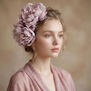 Diadema de peonías color púrpura empolvado: Tocado floral romántico