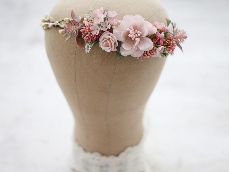 Dusty Pink Bridal Wreath Tie Back Flower Crown Mauve Flower Crown Wedding
