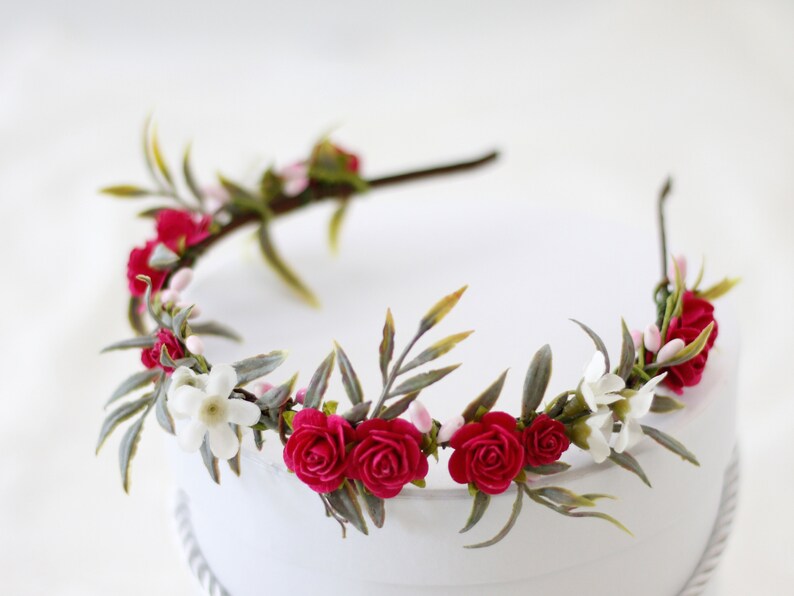boho bride crown rustic bridal crown flower hair accessories Fuchsia flower crown wedding country floral headband