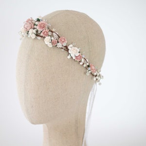Dusty rose flower crown wedding, crystal hair wreath, dainty flower headband, bride bridesmaid flower girl halo, fine floral headpiece image 4