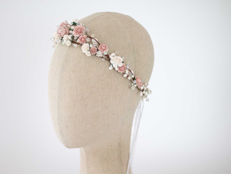 Dusty rose flower crown wedding, crystal hair wreath, dainty flower headband, bride bridesmaid flower girl halo, fine floral headpiece image 4