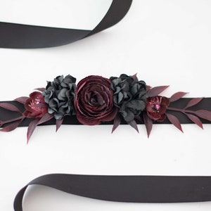 Black flower belt for dress wedding, dark flower sash for baby shower, flower belt for pregnancy, flower girl belt and flower crown
