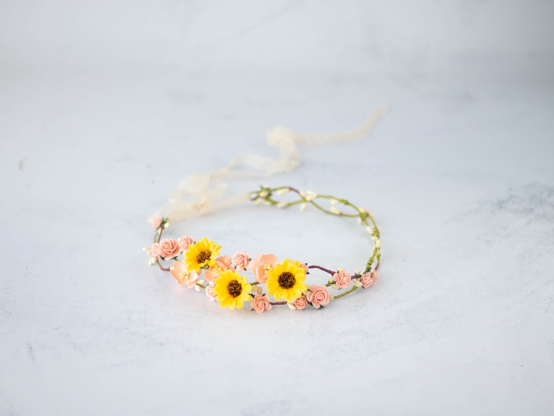 Sunflower Flower Crown Wedding Dainty Floral Crown Yellow Etsy