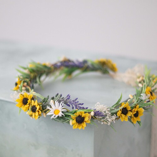 Sunflower & Wild Daisy Flower Crown Sunflower Bridal Halo Etsy