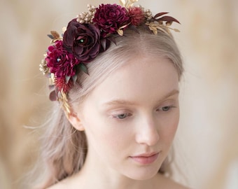 Burgundy & Gold Floral Headband: Romantic Flower Headpiece