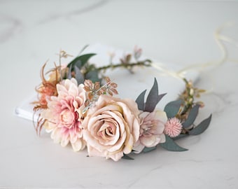 Boho flower crown wedding, taupe beige blush flower headband, neutral colored flower crown, boho hair wreath, wild bridal crown, photo props