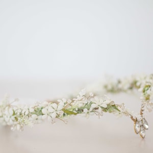 Elven tiara, white flower crown, fairy costume, wedding floral headband, crystal elven circlet, elf headpiece, flower girl halo diadem image 6