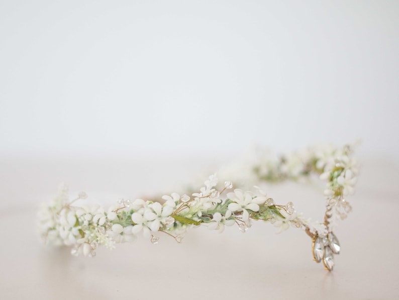 Elven tiara, white flower crown, fairy costume, wedding floral headband, crystal elven circlet, elf headpiece, flower girl halo diadem image 6