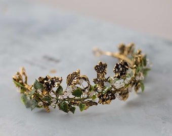 Gold leaf headband, gold green leaf and crown, gold leaves fascinator, goddess gold headband, gold leaf wreath, golden headpiece