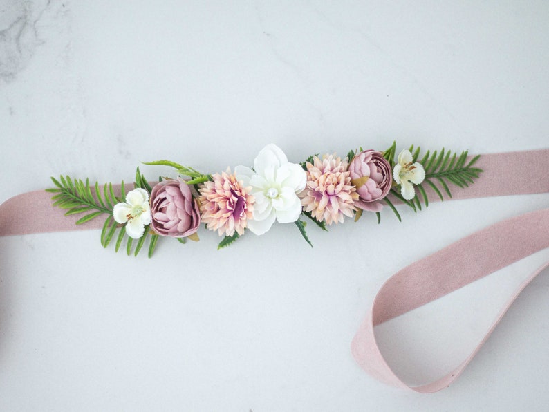 Pale pink white flower sash for wedding dress, flower belt for baby shower, flower belt for pregnancy, flower girl belt or flower crown image 2