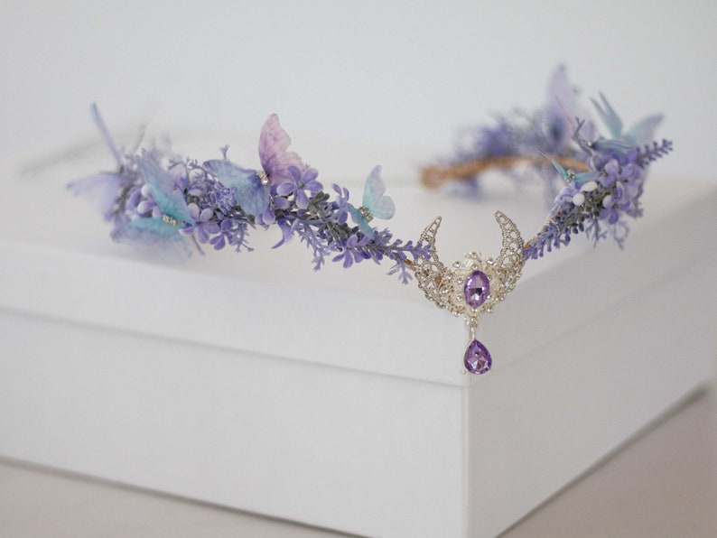 Moon tiara, butterfly flower crown, crescent moon headband, purple elven circlet, dainty flower halo, fairy headress costume, witch crown image 1