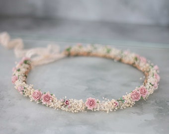 Dried baby's breath flower crown wedding, dusty rose hair wreath, babies breath headband, dainty hair piece, bridesmaids flower girl halo