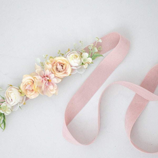 Blush ivory flower belt for wedding dress, flower sash for baby shower, flower belt for pregnancy, flower girl belt and flower crown