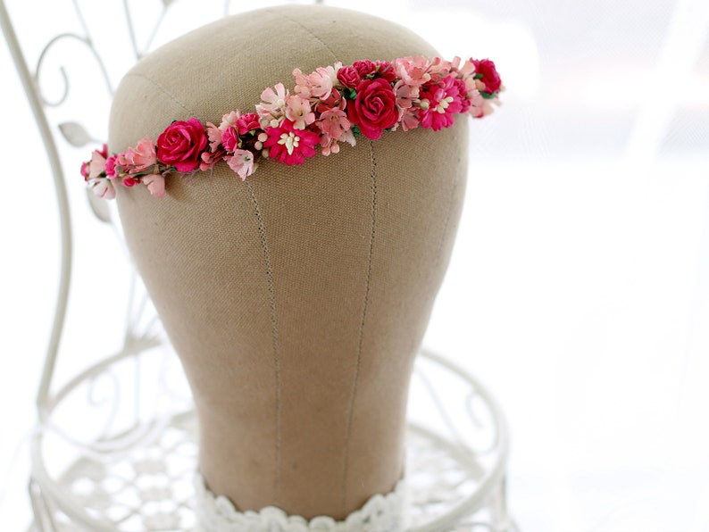 Fuchsia flower crown wedding, hot pink hair wreath image 4