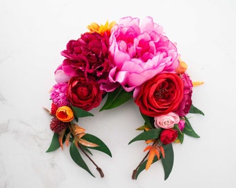 Vibrant flower headband, Frida Kahlo floral crown, red pink flower headdress, big flower headpiece, bachelorette party crown, cinco de mayo