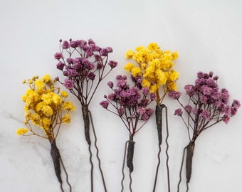 Purple yellow baby breath bobby pins, baby's breath hair pins, bohemian bride hair piece, preserved floral hairpiece, natural dry flowers