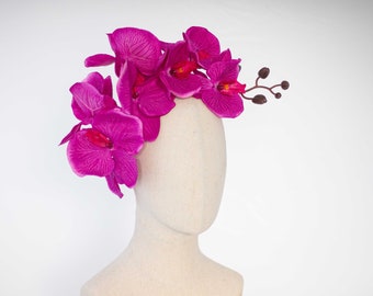 Fuchsia orchid headband, large pink headdress, beach wedding, tropical flower hairband, big hot pink flower crown, large floral head band