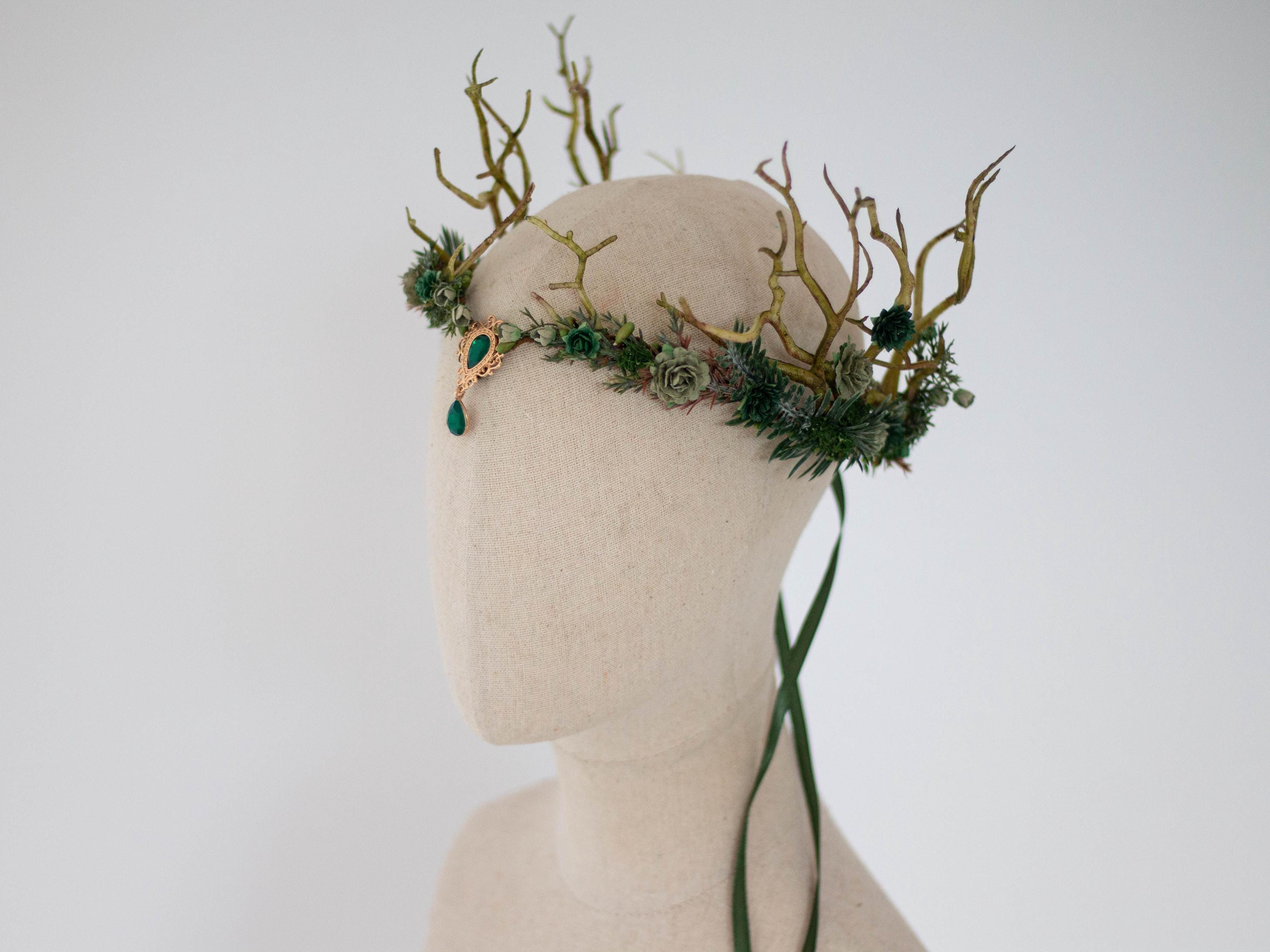 Handmade Elf Flower Crown Woodland Fairy Headpiece Adjustable for Women Girls MOSTORY Woodland Fairy Flower Crown - Crystal Elven Tiara  main image 2