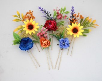 Colorful flower hair pins with sunflowers, wedding flower hair pins, sunflower hair clip, bridal hair pins, hair piece bride or bridesmaid