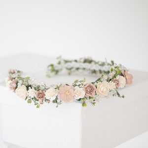 Dusty rose hair wreath wedding, dainty flower crown, boho headband, bride bridesmaid headpiece, flower garland, flower girl halo adjustable