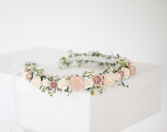 Dusty rose hair wreath wedding, dainty flower crown, boho headband, bride bridesmaid headpiece, flower garland, flower girl halo adjustable