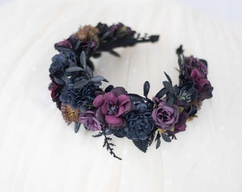 Black Purple Flower Headband: Gothic Wedding Headpiece