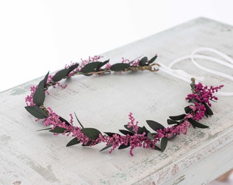 Purple dried flower crown, fuchsia hair wreath wedding, dainty flower crown, pink floral headband, preserved eucalyptus floral crown