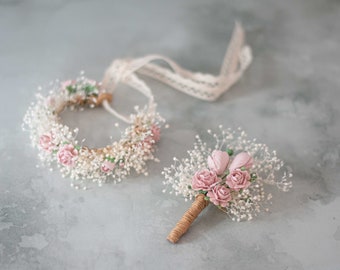 Boutonniere and corsage set, dried flower bracelet, baby's breath corsage, bracelet for mothers bridesmaids flower girls