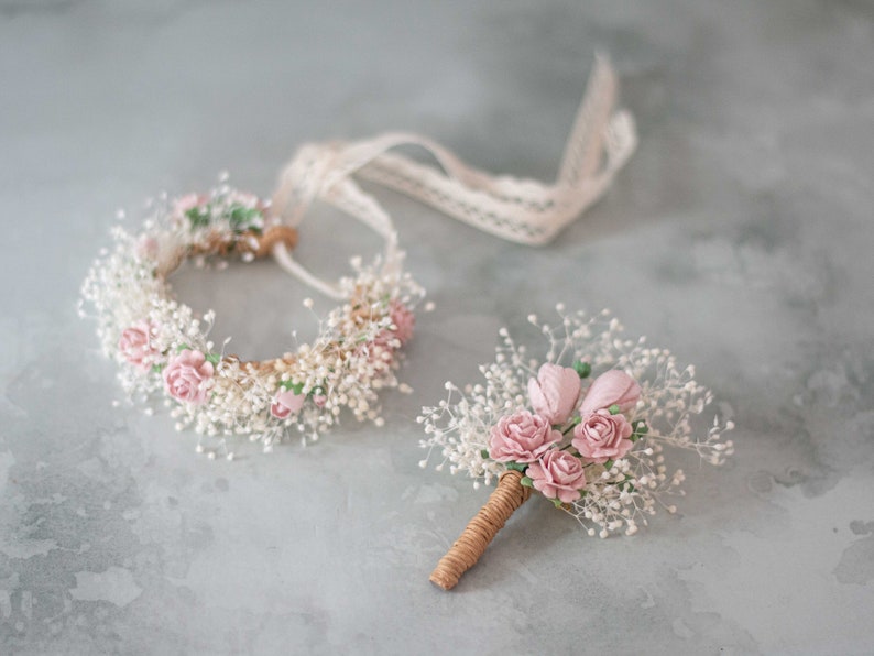 Boutonniere and corsage set, dried flower bracelet, baby's breath corsage, bracelet for mothers bridesmaids flower girls image 1