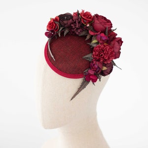 Burgundy fascinator hats for women derby, royal ascot hat, wedding guest floral headpiece, tea party head piece, women's fascinator image 3