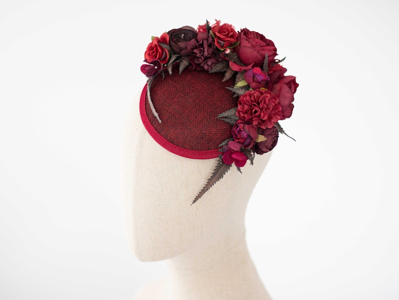 Burgundy fascinator hats for women derby, royal ascot hat, wedding guest floral headpiece, tea party head piece, women's fascinator image 3