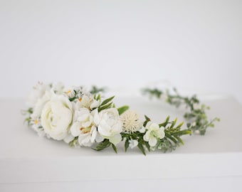 Boho flower crown wedding, white floral hair wreath, rustic floral headband, bride headpiece, bridal flower garland, flower girl halo