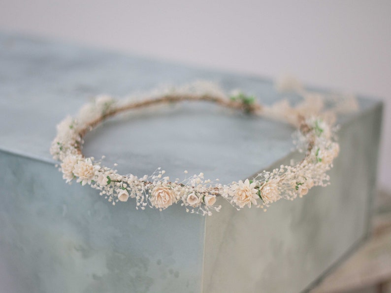 Dried baby's breath flower crown wedding, ivory hair wreath, babies breath headband, dainty hair piece, bride bridesmaids flower girl halo image 9