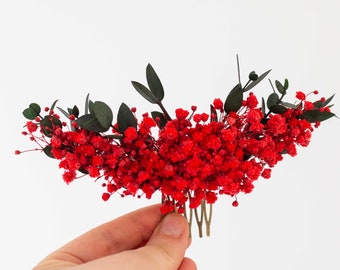 Red flower hair comb and boutonniere, baby's breath hair comb, red floral comb wedding, dried flower hair comb, baby's breath bridal comb