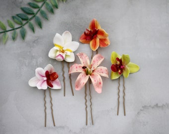 Tropical flower hair pins, flower bobby pins, hawaiian wedding hair pin, colorful bridesmaid hair pin, orchid hair clip, tropical hair piece