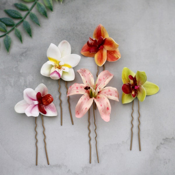 Pinzas para el cabello - coloridas flores tropicales, boda en la playa