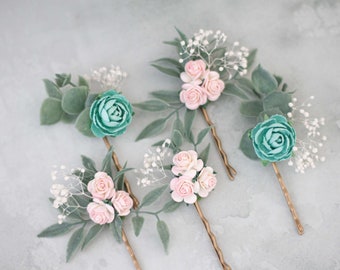 Turquoise pink flower hair pins, eucalyptus peony hair clip, wedding flower hair piece, bridal floral hair pin, pink hairpiece, hair comb