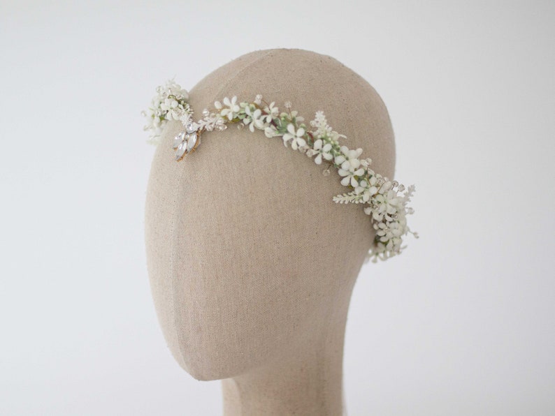 Elven tiara, white flower crown, fairy costume, wedding floral headband, crystal elven circlet, elf headpiece, flower girl halo diadem image 5