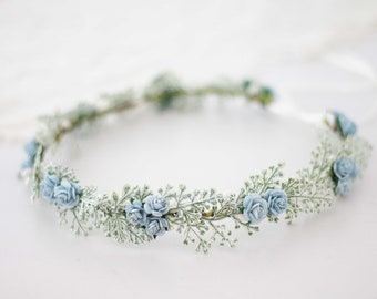 Blue flower crown wedding, dainty flower headband, delicate headpiece, bohemian hair crown, bridal accessories bridesmaid flower girl