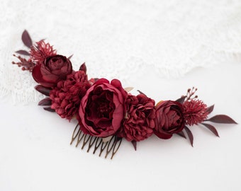 Burgundy flower comb for wedding, deep red bridal comb, burgundy flower hair comb, bohemian floral headpiece, dark floral comb