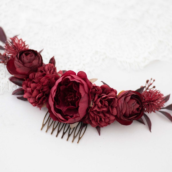 Burgundy flower comb for wedding, deep red bridal comb, burgundy flower hair comb, bohemian floral headpiece, dark floral comb