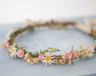 Rose daisy flower crown, dried flower crown for wedding, thin flower crown, preserved floral crown, dainty flower headband, flower girl halo