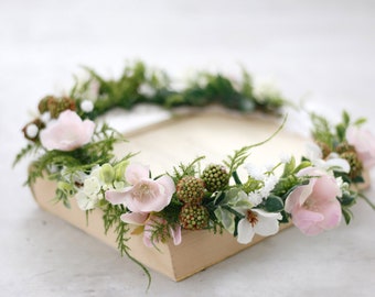 Greenery flower crown for wedding, pink white flower girl halo, woodland floral headband, bachelorette party headpiece