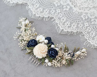 Navy blue flower comb wedding, dried flower hair comb, ivory baby's breath bridal comb, ivory flower comb, rustic floral hair comb