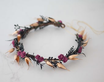 Black burgundy flower crown wedding, dainty headband, delicate headpiece, dark hair crown, gold wedding hairband, bridesmaid hair wreath