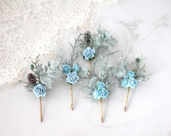 Blue hair hair pins, woodland set floral hair pins, winter wedding bobby pins, blue gray bridesmaid hair pin, forest pinecone hair clips