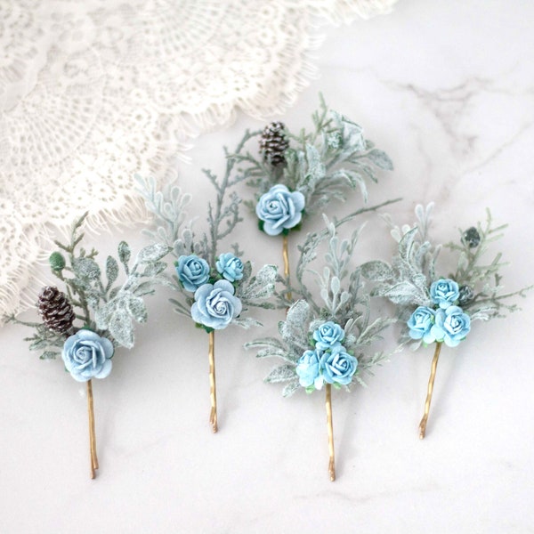 Blue hair hair pins, woodland set floral hair pins, winter wedding bobby pins, blue gray bridesmaid hair pin, forest pinecone hair clips