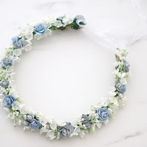 Dusty blue flower crown wedding, serenity flower crown bridal shower, flower girl halo, maternity shoot props, bridal flower wreath image 3